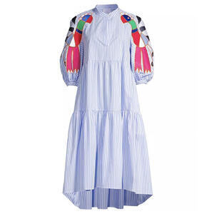 Stella Jean Blue Striped Midi Dress with Colorful Sleeves